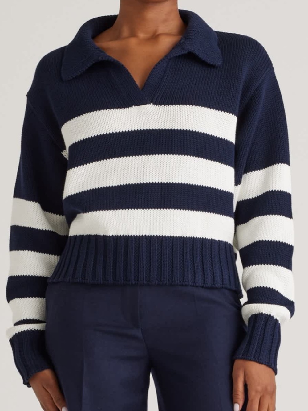 Quince Organic Cotton Striped Navy and White Cropped Polo Sweater Size Small